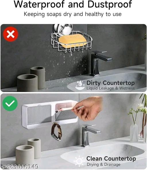 LIOTIZ Wall Mounted Soap Box with Lid - Double Grids Soap Draining Rack Bathroom Soap Holder (Grey)