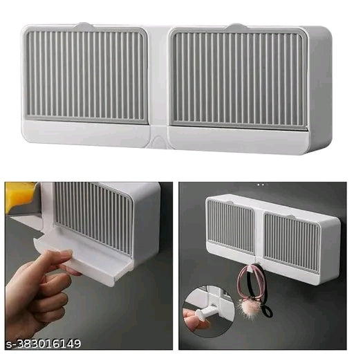 LIOTIZ Wall Mounted Soap Box with Lid - Double Grids Soap Draining Rack Bathroom Soap Holder (Grey)