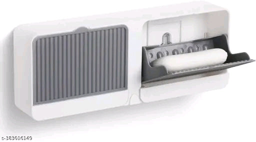 LIOTIZ Wall Mounted Soap Box with Lid - Double Grids Soap Draining Rack Bathroom Soap Holder (Grey)