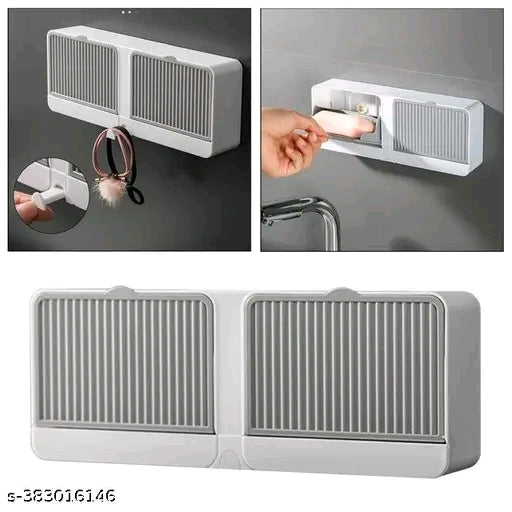 LIOTIZ Wall Mounted Soap Box with Lid - Double Grids Soap Draining Rack Bathroom Soap Holder (Grey)