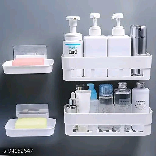Bathroom Shelf Wall Mounted No Drill Storage Rack - 4 Piece Set (2 Shelves + 2 Soap Holders)