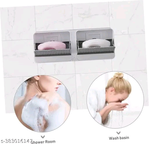 LIOTIZ Wall Mounted Soap Box with Lid - Double Grids Soap Draining Rack Bathroom Soap Holder (Grey)