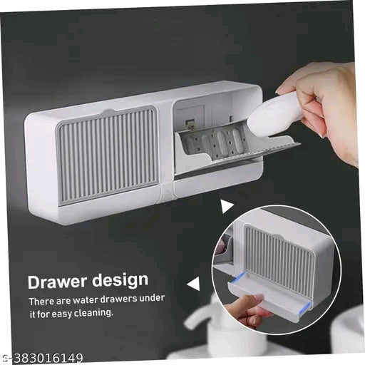 LIOTIZ Wall Mounted Soap Box with Lid - Double Grids Soap Draining Rack Bathroom Soap Holder (Grey)